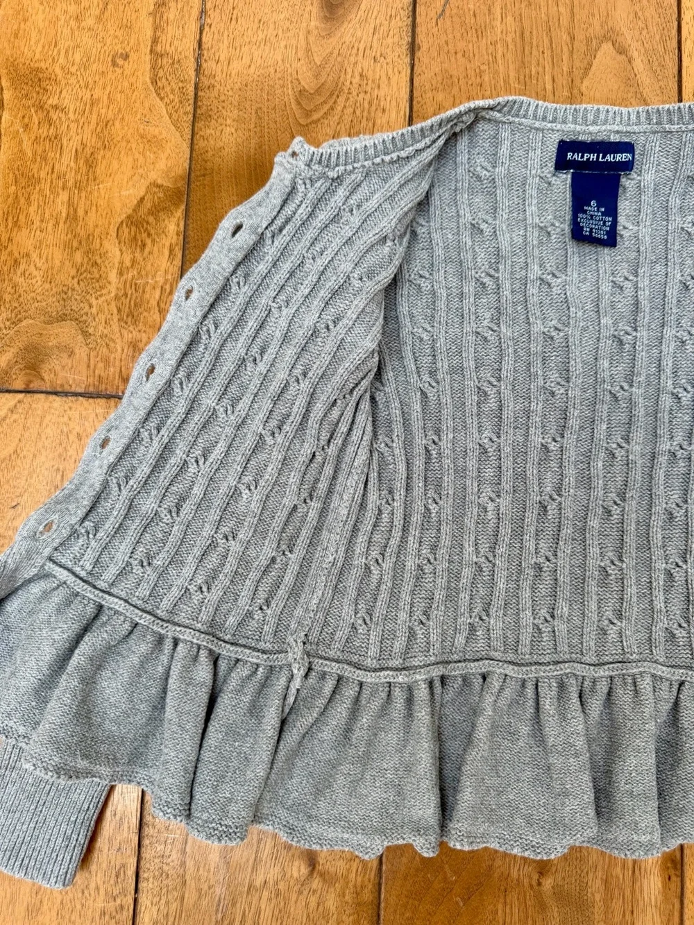Ralph Lauren Girls Cable Knit Peplum Cardigan Gray Purple Pony Size 6 Cotton